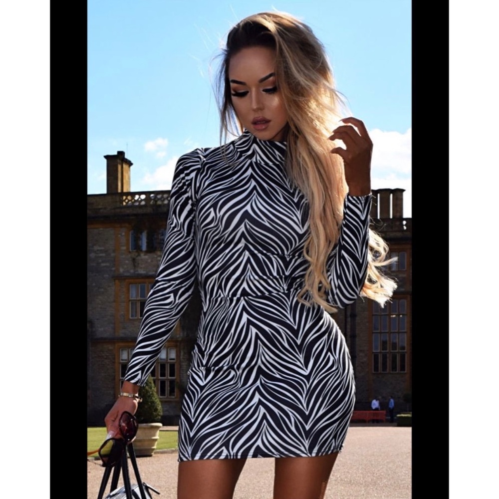 Zebra Printed High Neck Mini Dress